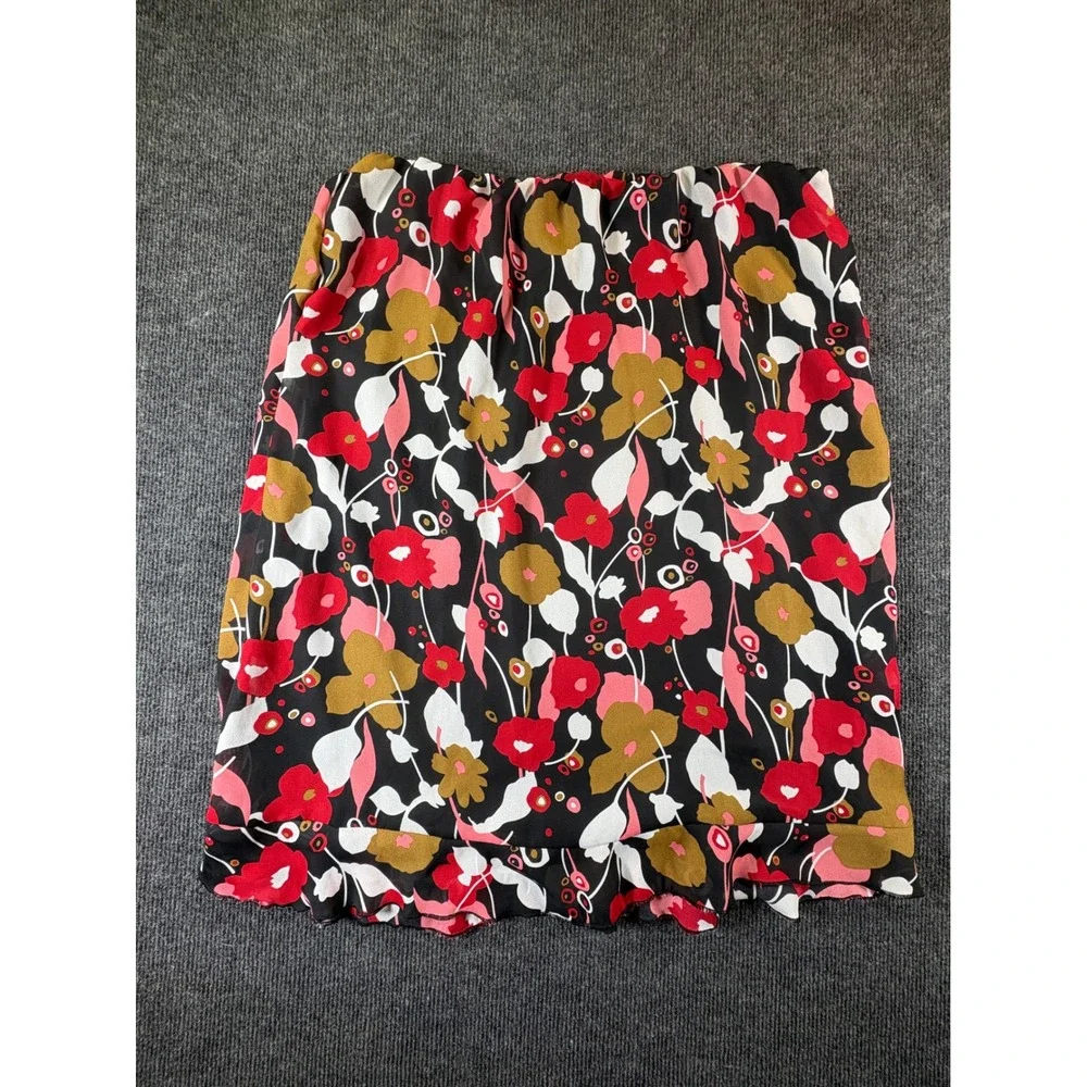Cato Womens Large Floral Elastic Waist Ruffle Hem Lined Skirt Black Red Pink
